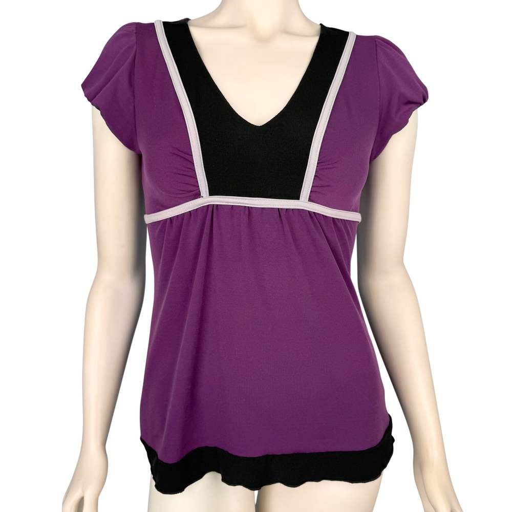 Vtg Y2K‎ Tempted Hearts M Top Empire Waist Short Sleeve Purple Black Retro Boho